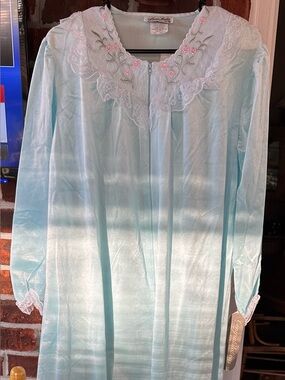 Vintage Light Blue Satin Women's Long Nightgown with Lace Trim